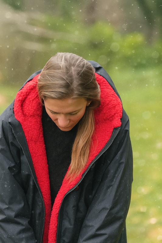 Close-up of a woman wearing the Ebony Black Hector & George waterproof coat with deep red fleece lining, standing outdoors in gentle winter snowfall.