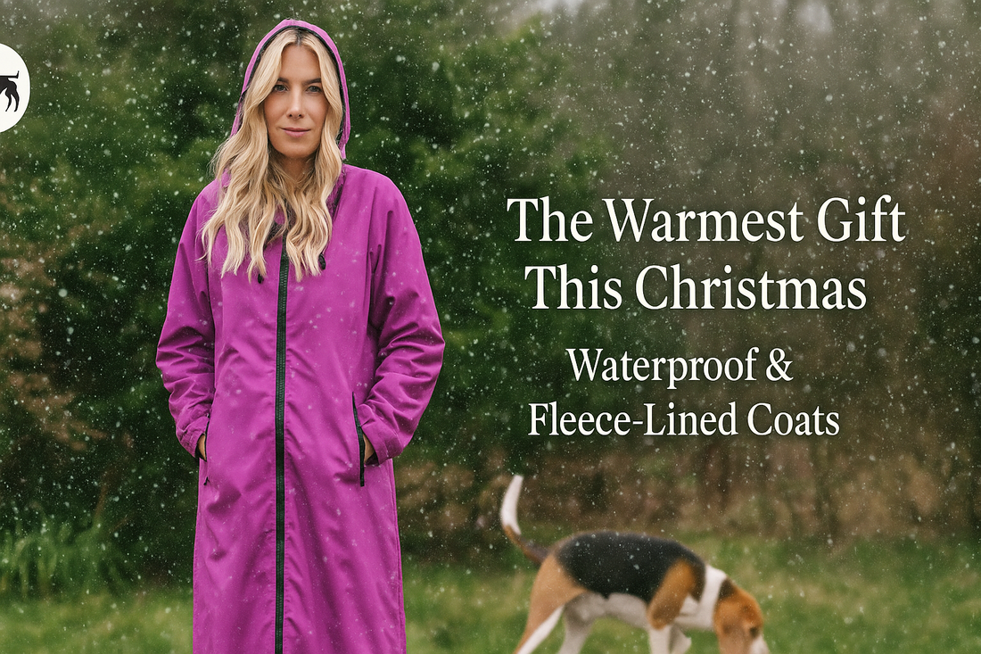 “Lucy wearing an Orchid waterproof fleece-lined coat walking her Beagle on a frosty winter morning — the perfect Christmas gift for outdoor and dog-walking lovers.”